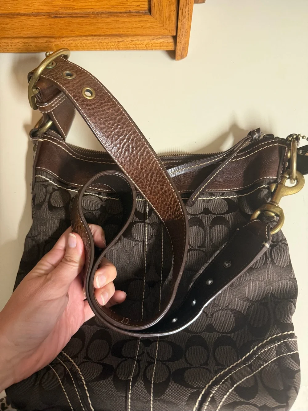 Coach Brown Signature Monogram Crossbody Bag with Dark Leather Trim